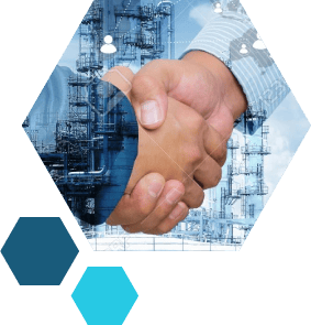 composición abstracta de manos estrechándose y al fondo la imagen de una industria representando negocios industriales