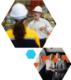 Composición de dos imágenes con ingenieros y ejecutivos en actividades