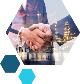 composición abstracta de una industria y manos estrechándose representando negocio industrial